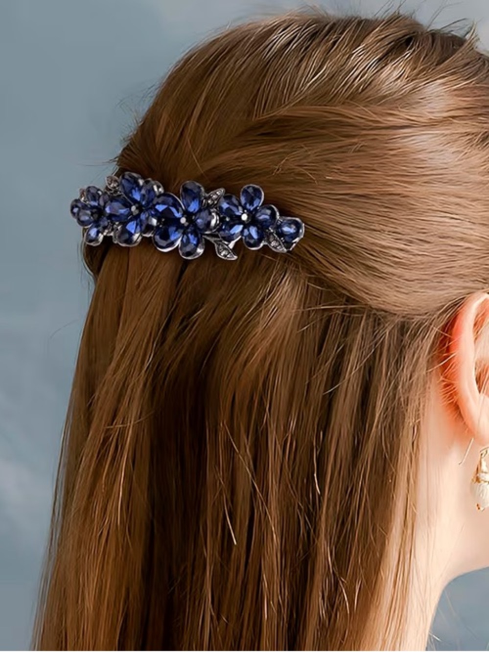 Beautiful Anthropologie Navy Floral Crystal Hair Barrette